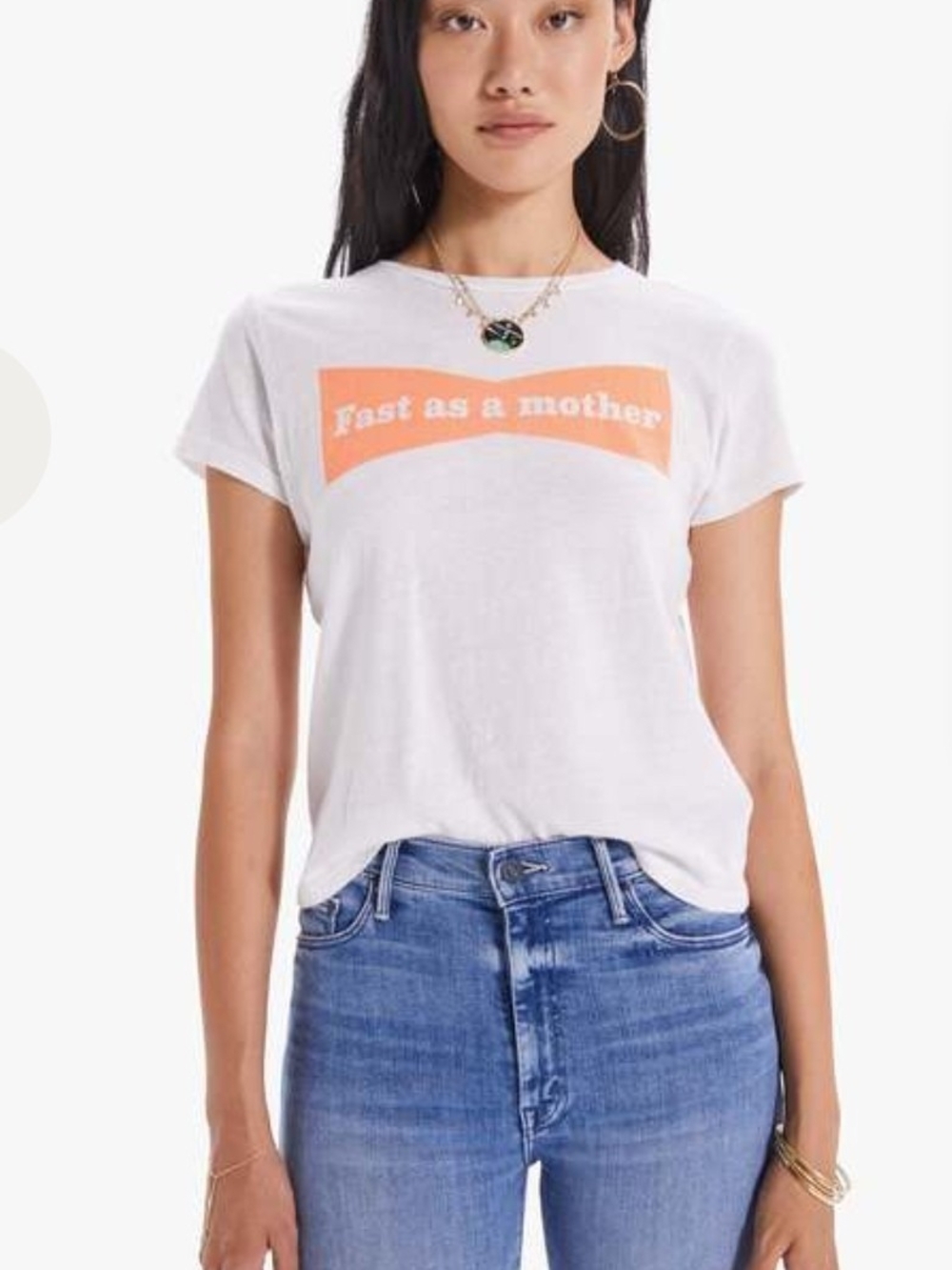 Mother Denim White Graphic Tee with Orange Print - "Fast as a Mother"